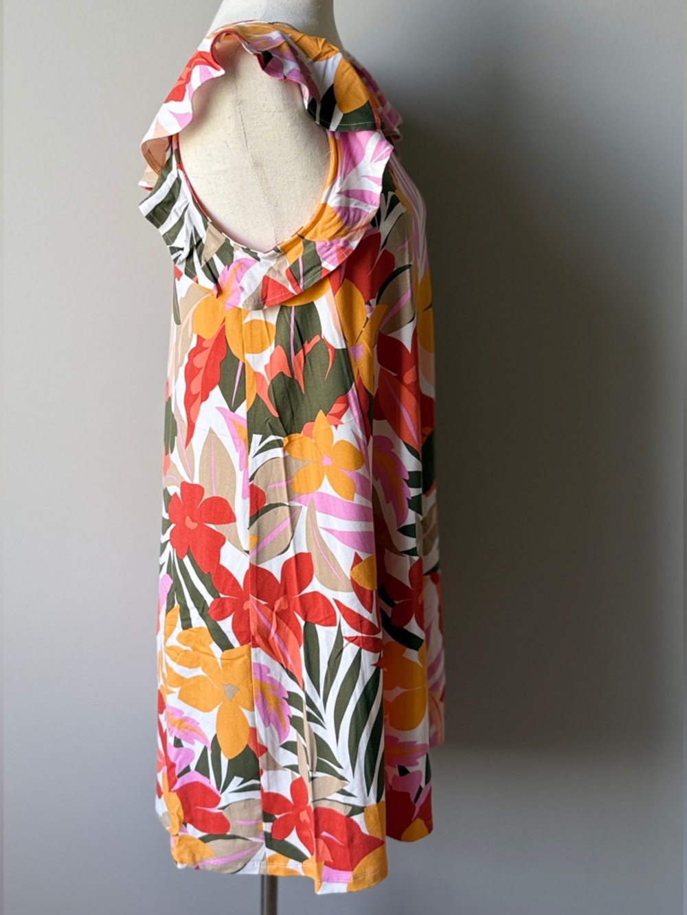 LOFT Multicolor Tropical Print Swing Dress - Pink, Peach, Yellow, Red, Green - Picture 3 of 5